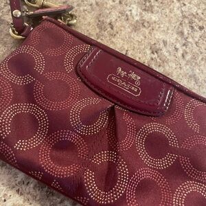 Coach Maroon and Gold Patterned Wristlet